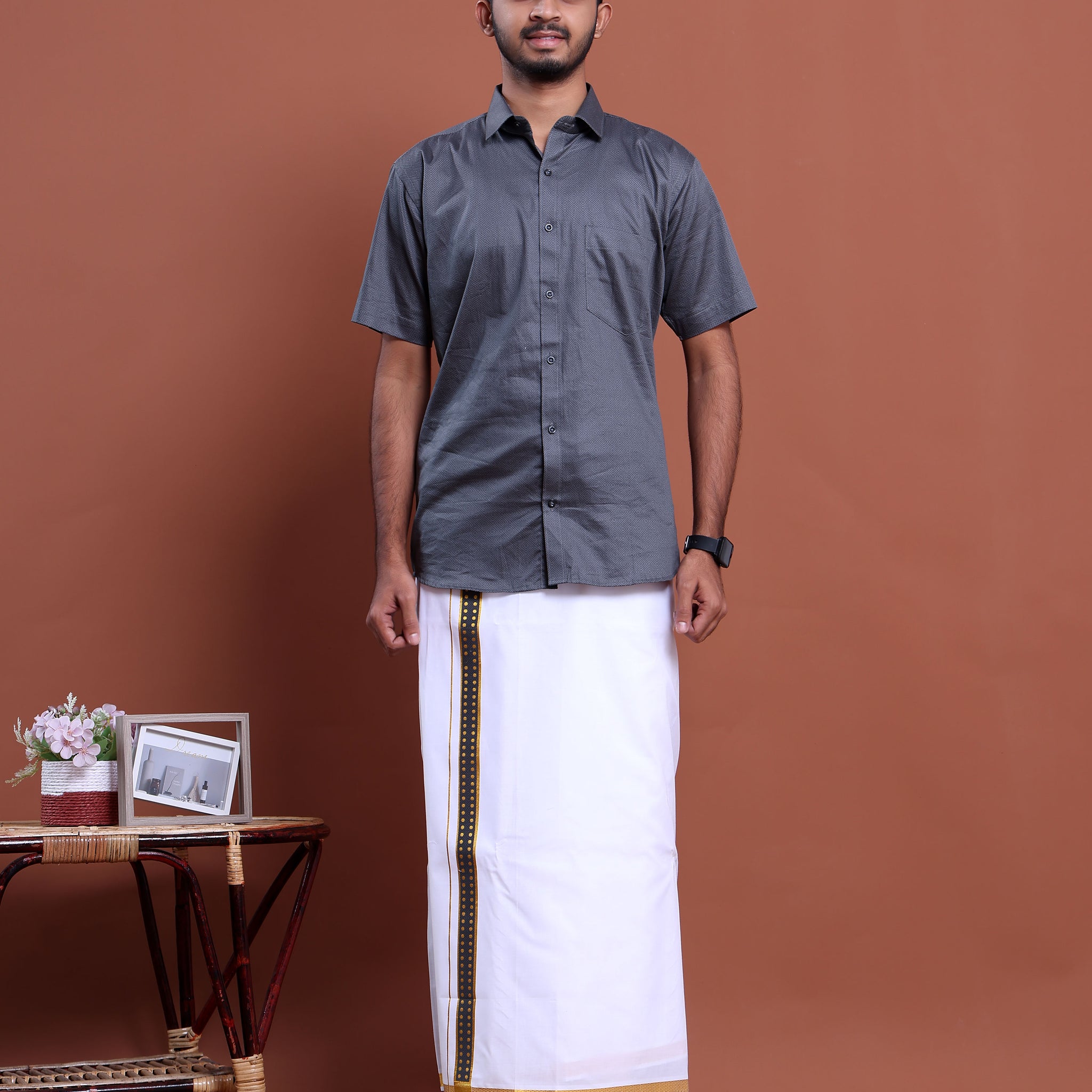 elegant-mens-ethnic-half-sleeve-shirt-dhoti-set-with-traditional-border-grey-Five