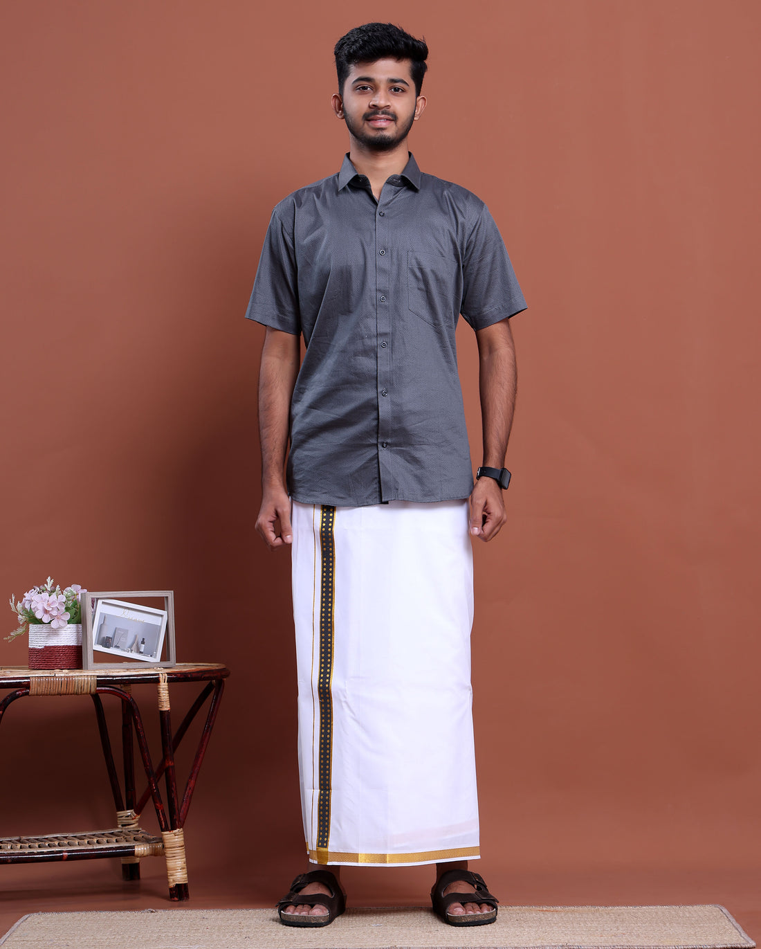 elegant-mens-ethnic-half-sleeve-shirt-dhoti-set-with-traditional-border-grey-Five