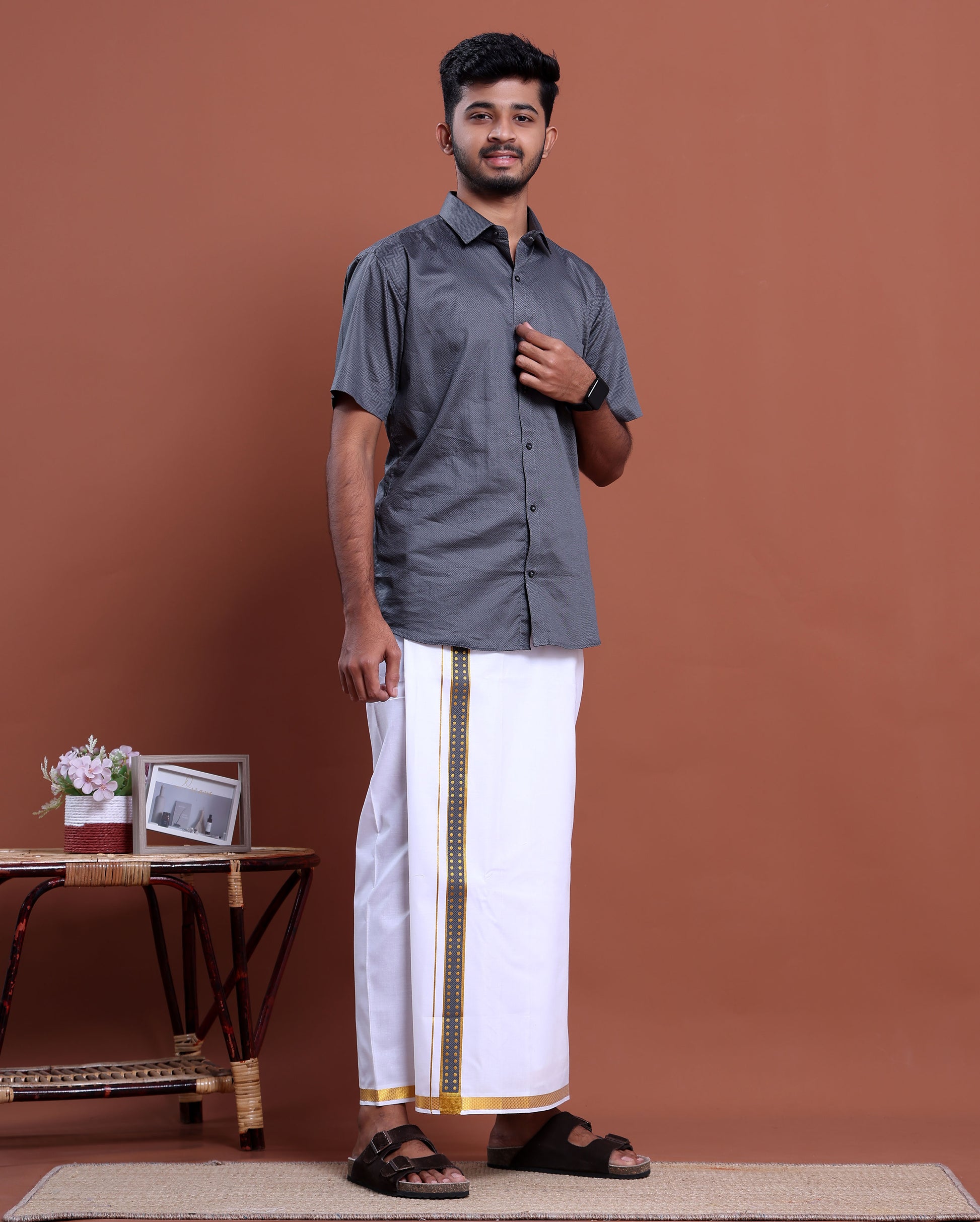 elegant-mens-ethnic-half-sleeve-shirt-dhoti-set-with-traditional-border-grey-Five