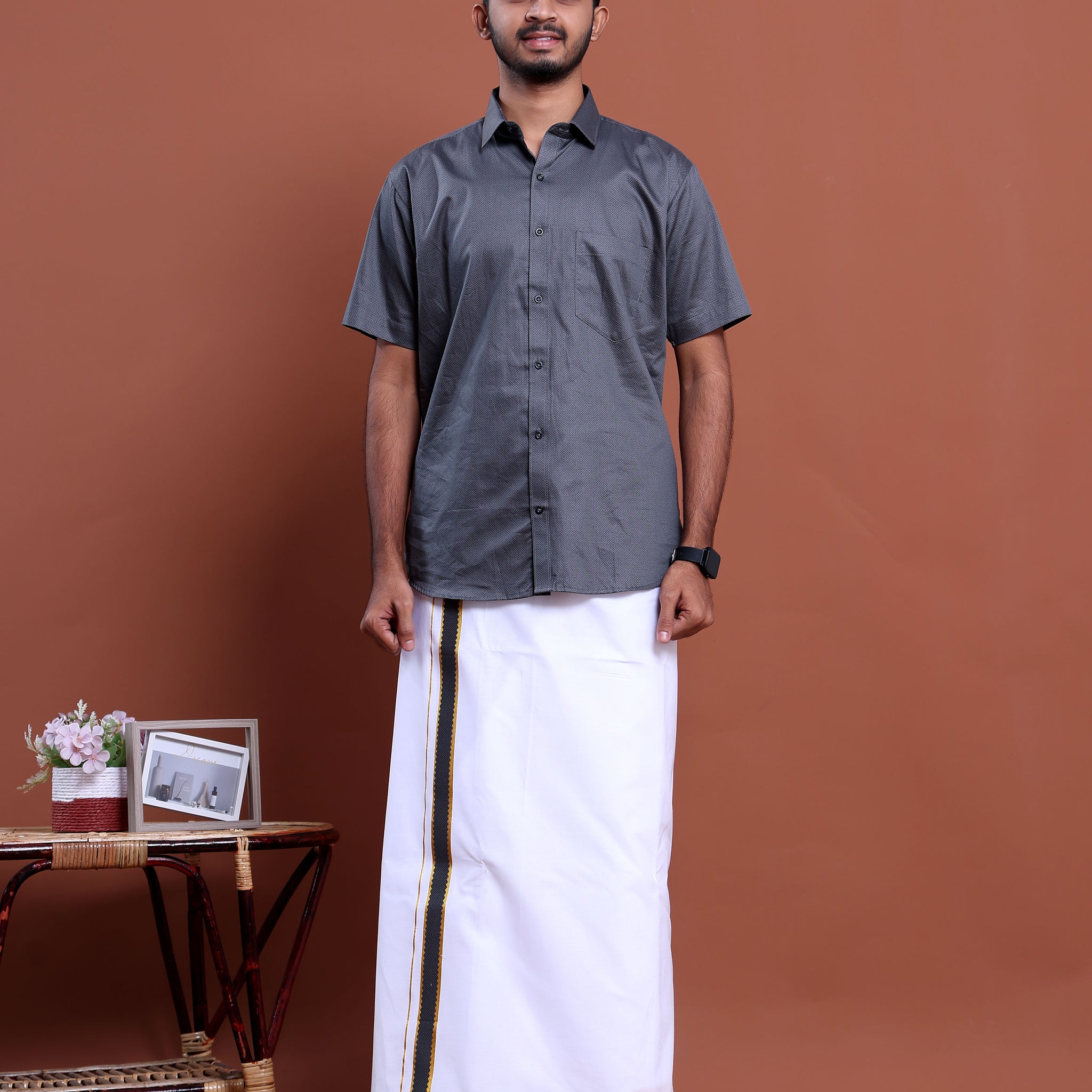 elegant-mens-ethnic-half-sleeve-shirt-dhoti-set-with-traditional-border-grey-one