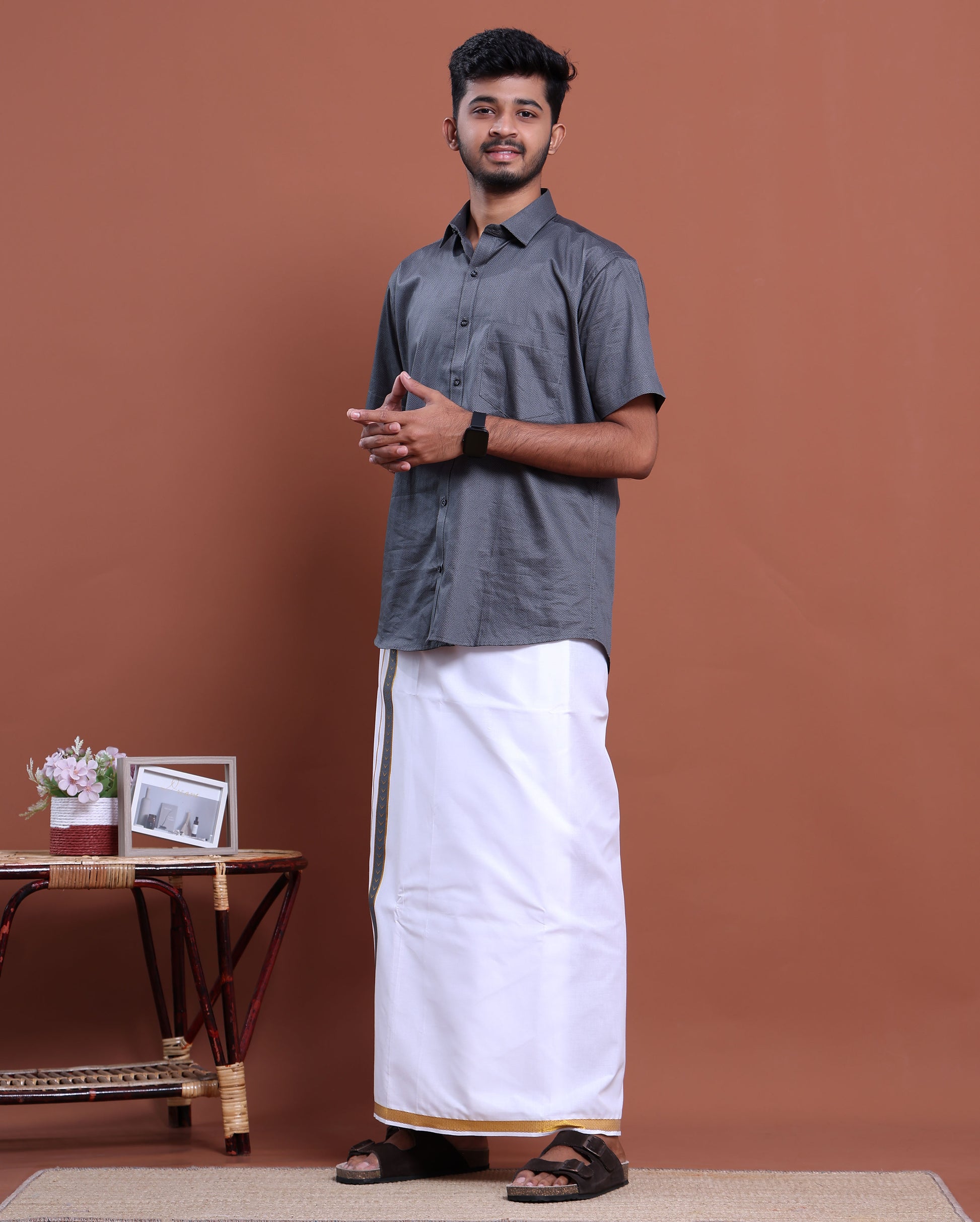 elegant-mens-ethnic-half-sleeve-shirt-dhoti-set-with-traditional-border-grey-two
