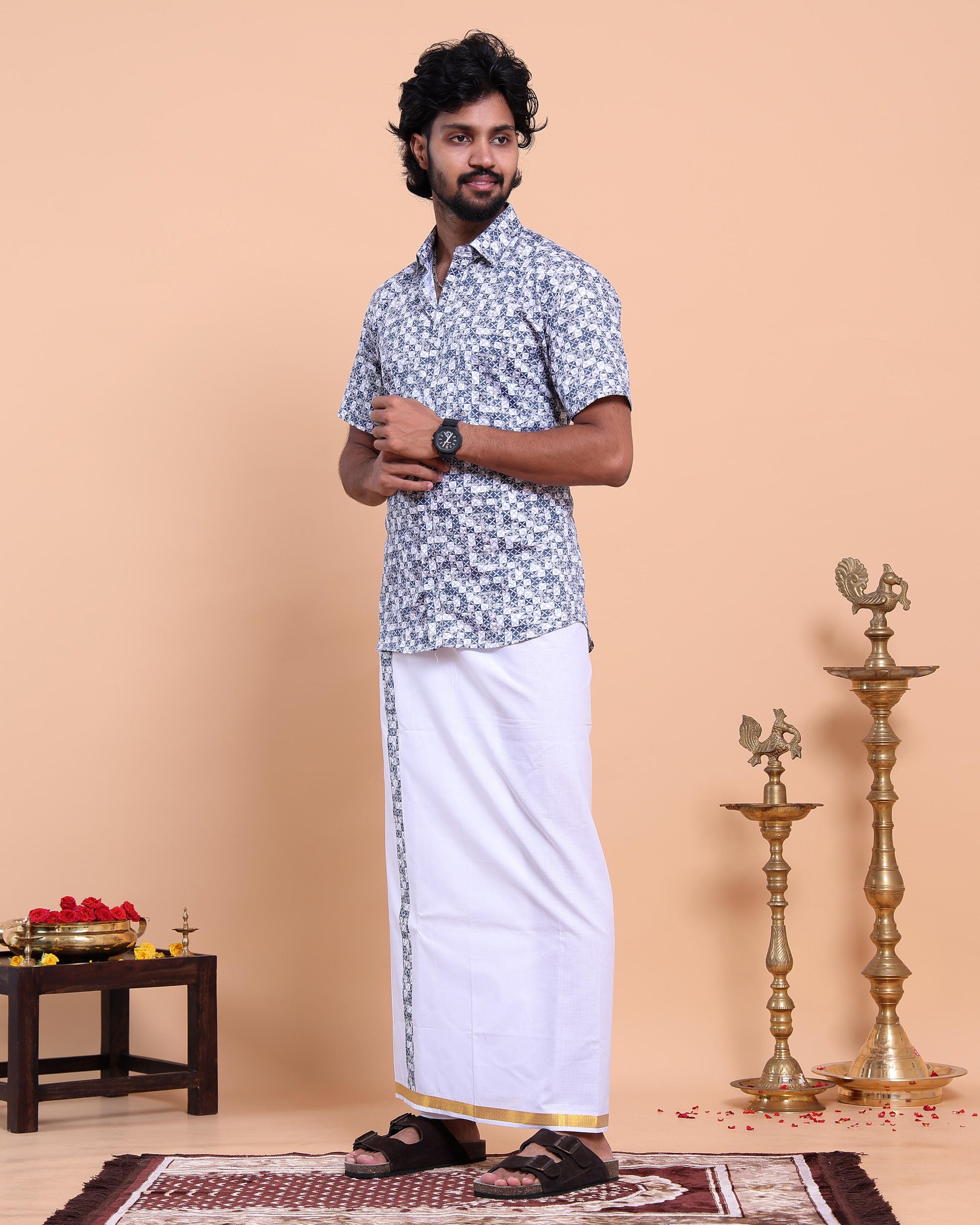elegant-mens-ethnic-half-sleeve-shirt-dhoti-set-with-traditional-border-blue