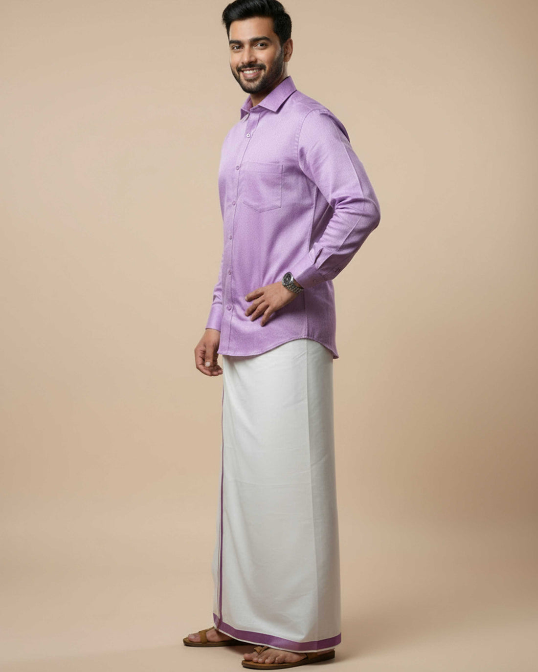 Shirt & Dhoti Set with Traditional Border - Lavender