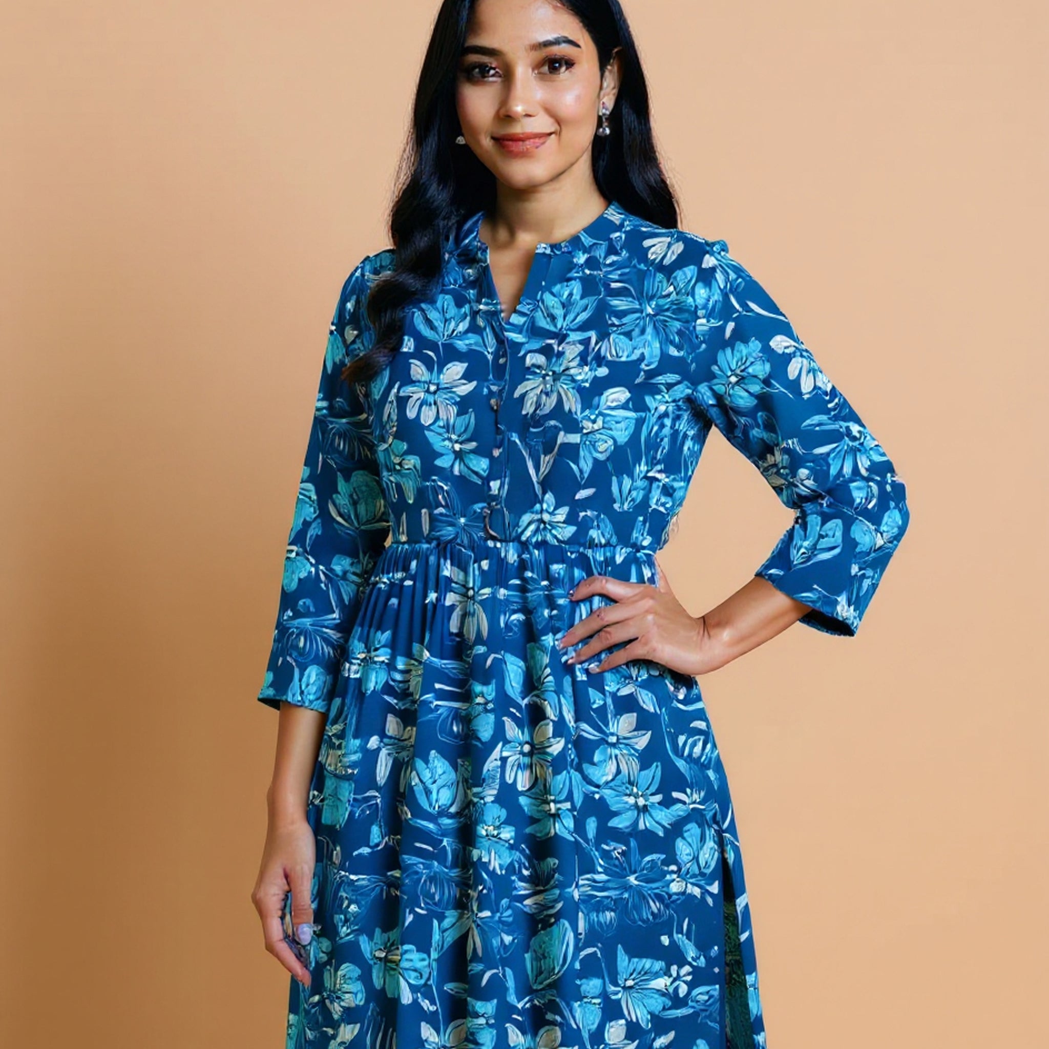 Women's Handblock Printed Cotton Ethnic Tunic with Floral Pattern and Mandarin Collar - Teal