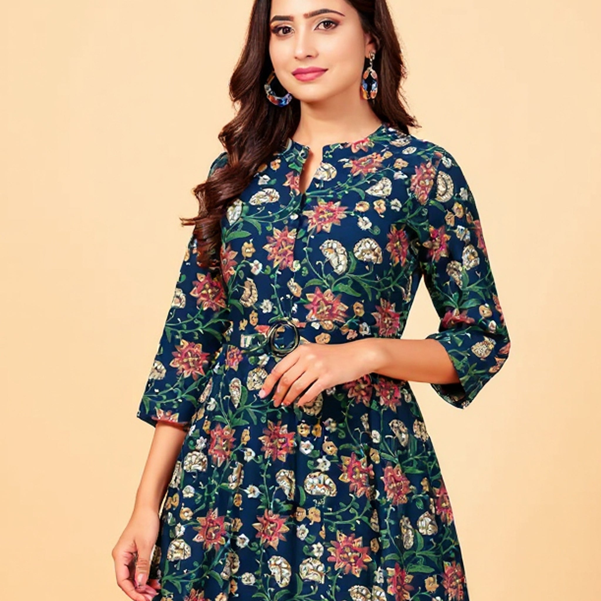 Women's Handblock Printed Cotton Ethnic Tunic with Floral Pattern and Mandarin Collar  - Navy Blue