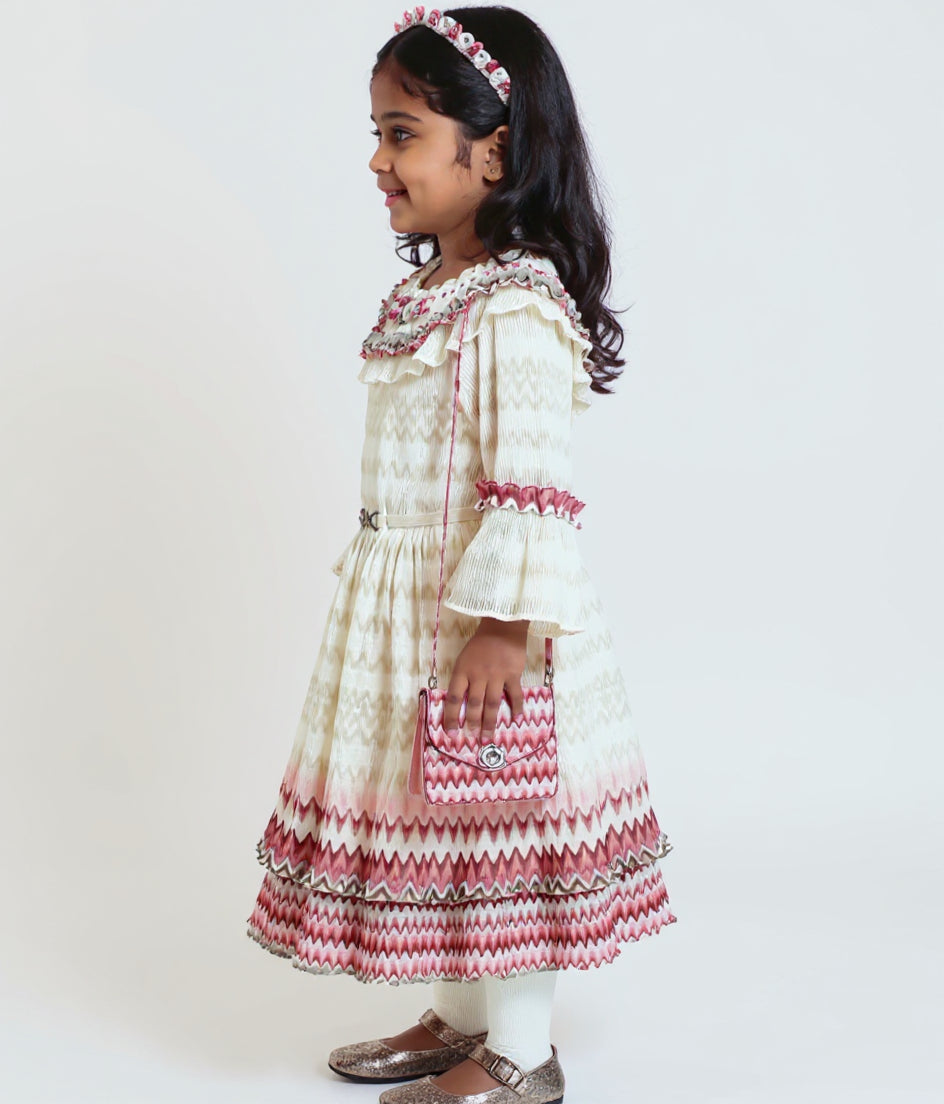 Girls' Tiered Ruffle Western Wear Dress with Embroidered Yoke & Bell Sleeves - Cream