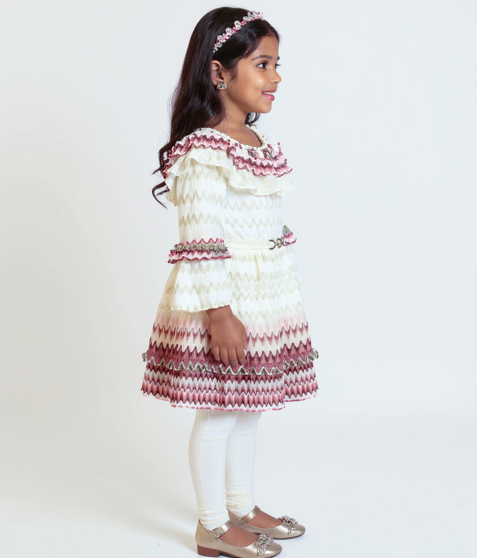 Girls' Tiered Ruffle Western Wear Dress with Embroidered Yoke & Bell Sleeves - Cream