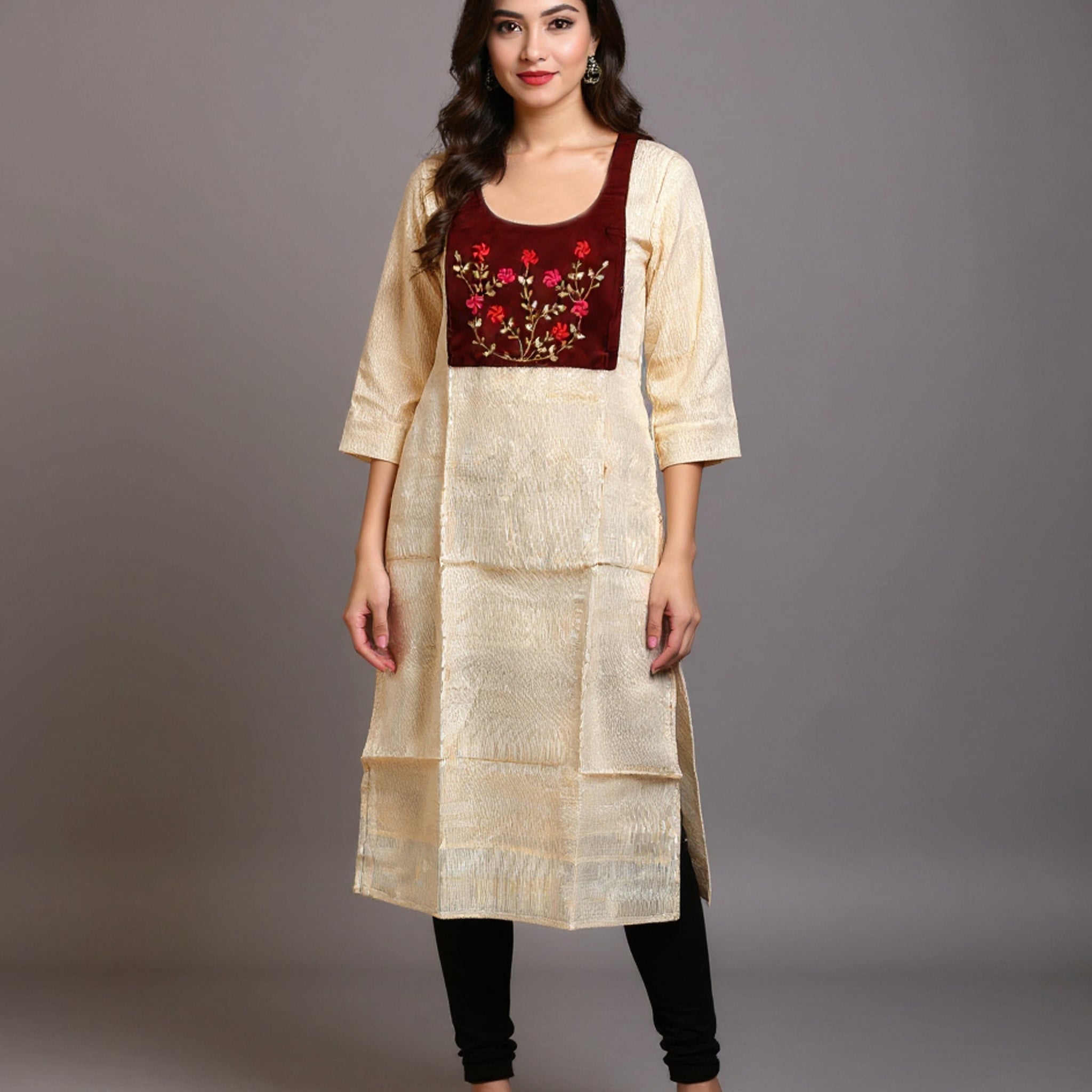 Women's Embroidered Yoke Design A-line Kurta with 3/4th Sleeves - Cream