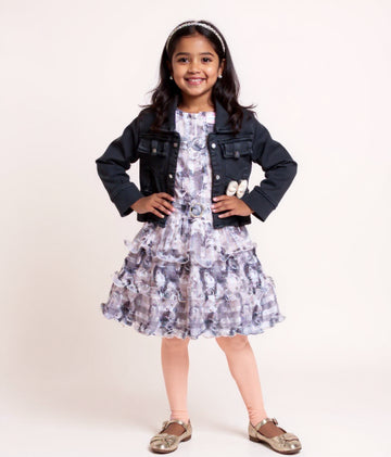 Girls' Floral Print A-Line Western Wear with Denim Jacket - Multi