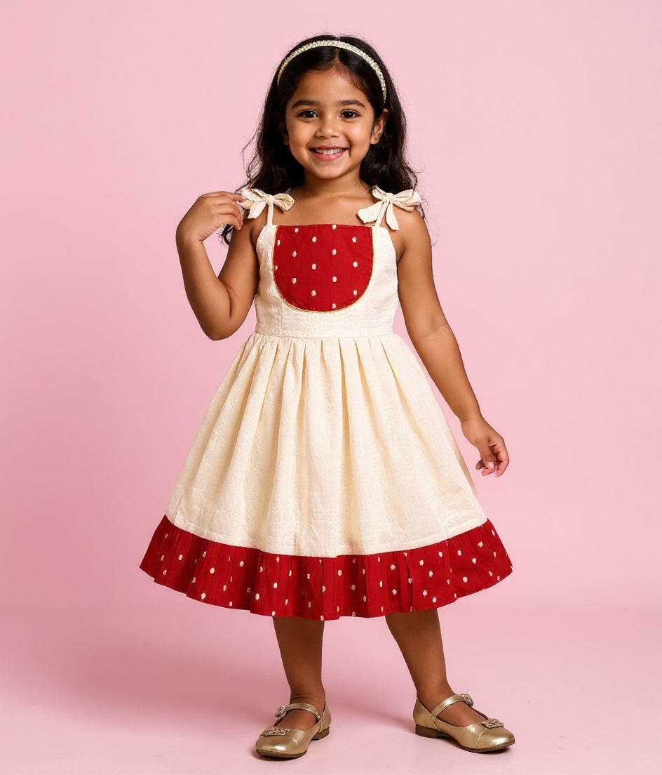 Girl's Sleeveless Empire Waist Frock with Pintuck Pleats and Tie-Up Shoulders - Cream