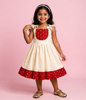 Girl's Sleeveless Empire Waist Frock with Pintuck Pleats and Tie-Up Shoulders - Cream