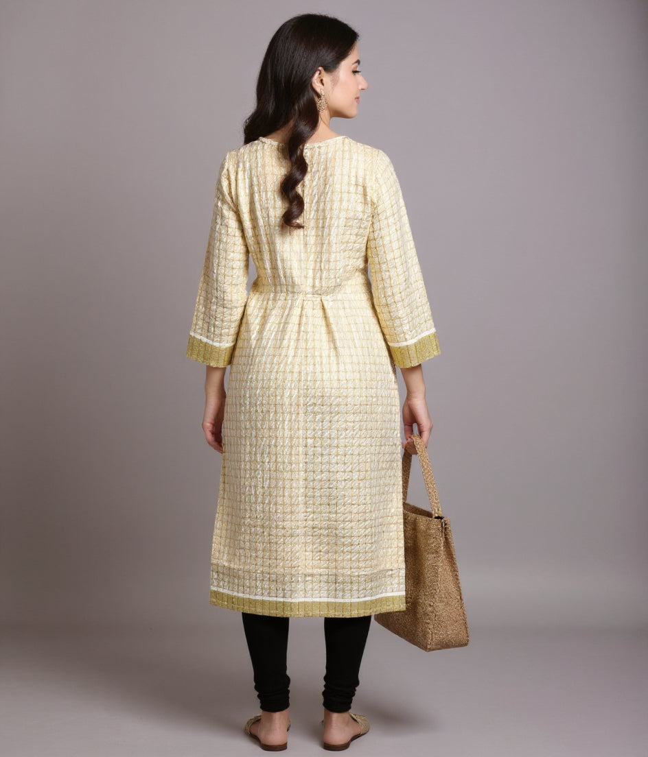Women's Ethnic Motifs Embroidered Yoke Straight Kurta with Checked Design - Cream