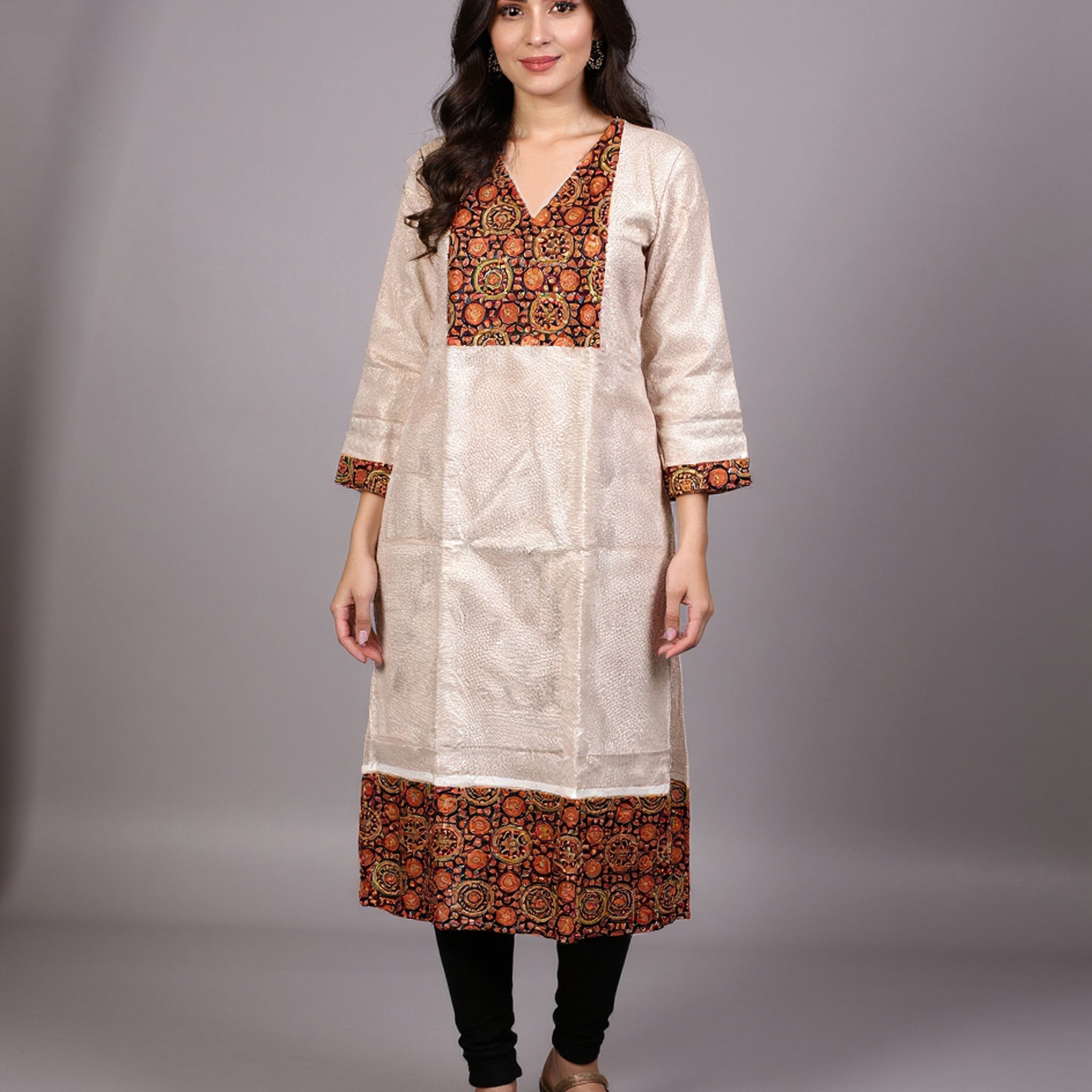 Women's Elegant Yoke and Hemline Printed Straight Kurta - Cream