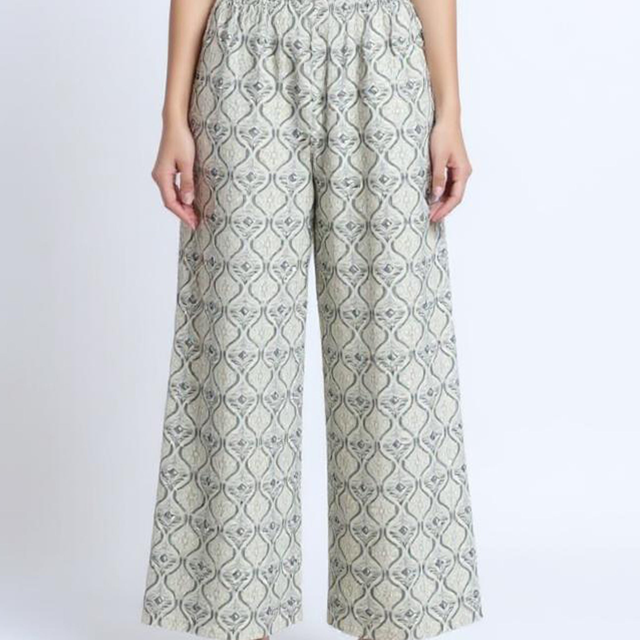 Ethnic Print Relaxed Fit Palazzo Pant - Off White