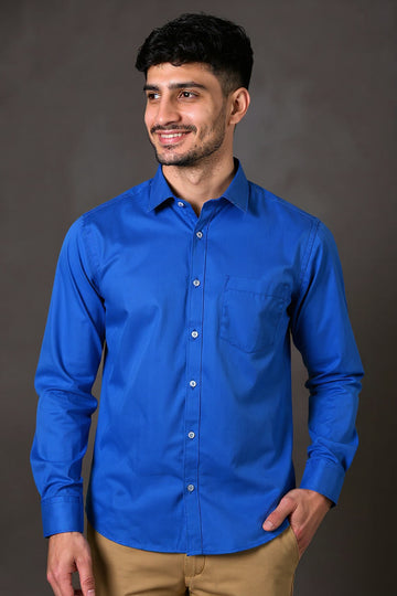Men's Solid Slim Fit Formal Shirt with Spread Collar and Full Sleeves - Royal Blue