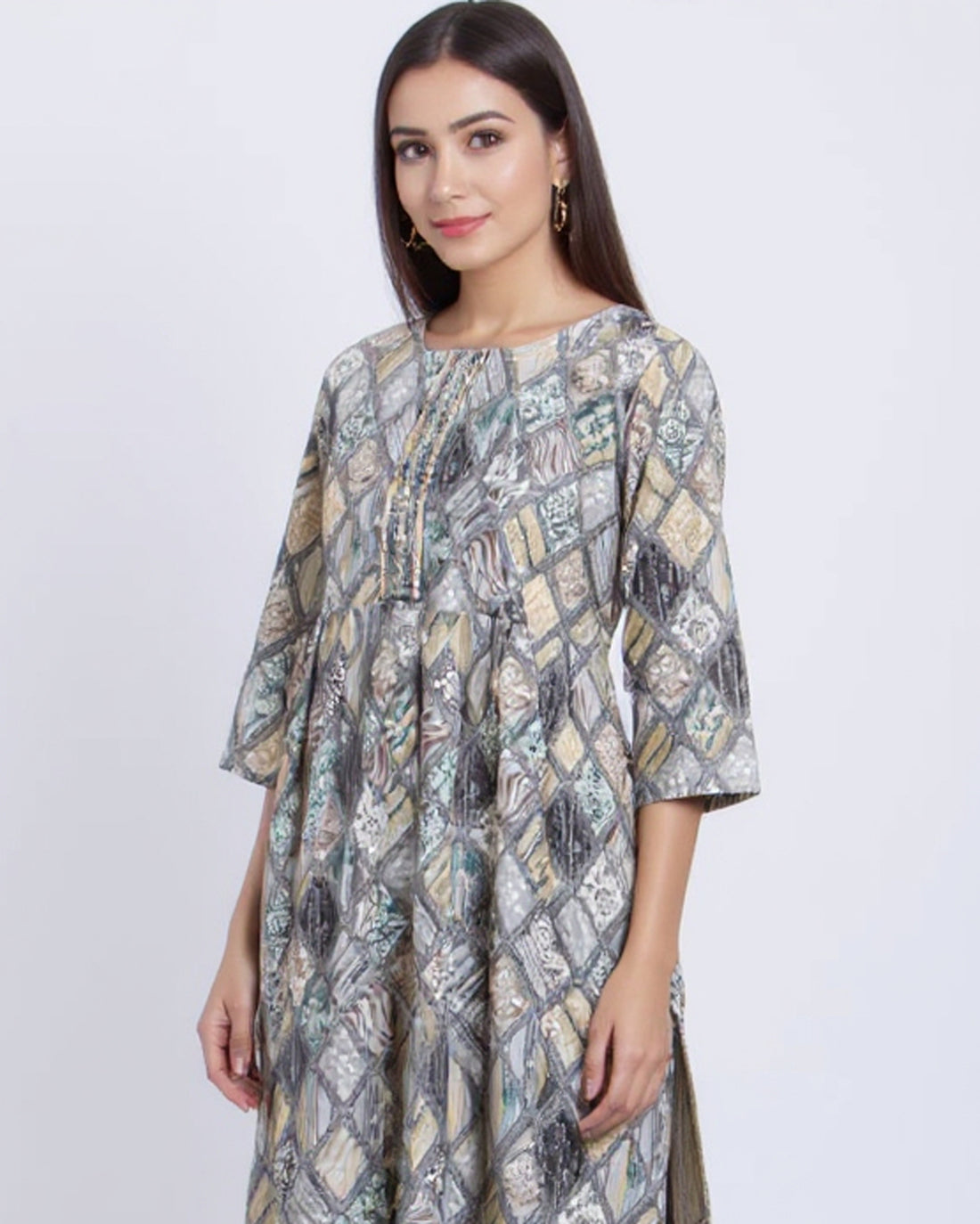 Women's Printed A-Line Kurta with 3/4 th  Sleeves and Round Neckline - Grey