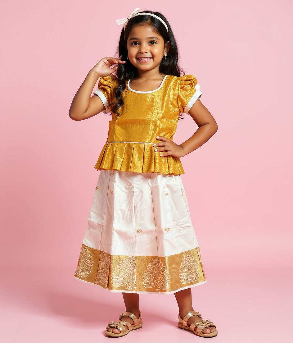 Kids' Traditional Readymade Pattu Pavadai Set with Puff Sleeves and Zari Border - Yellow and White