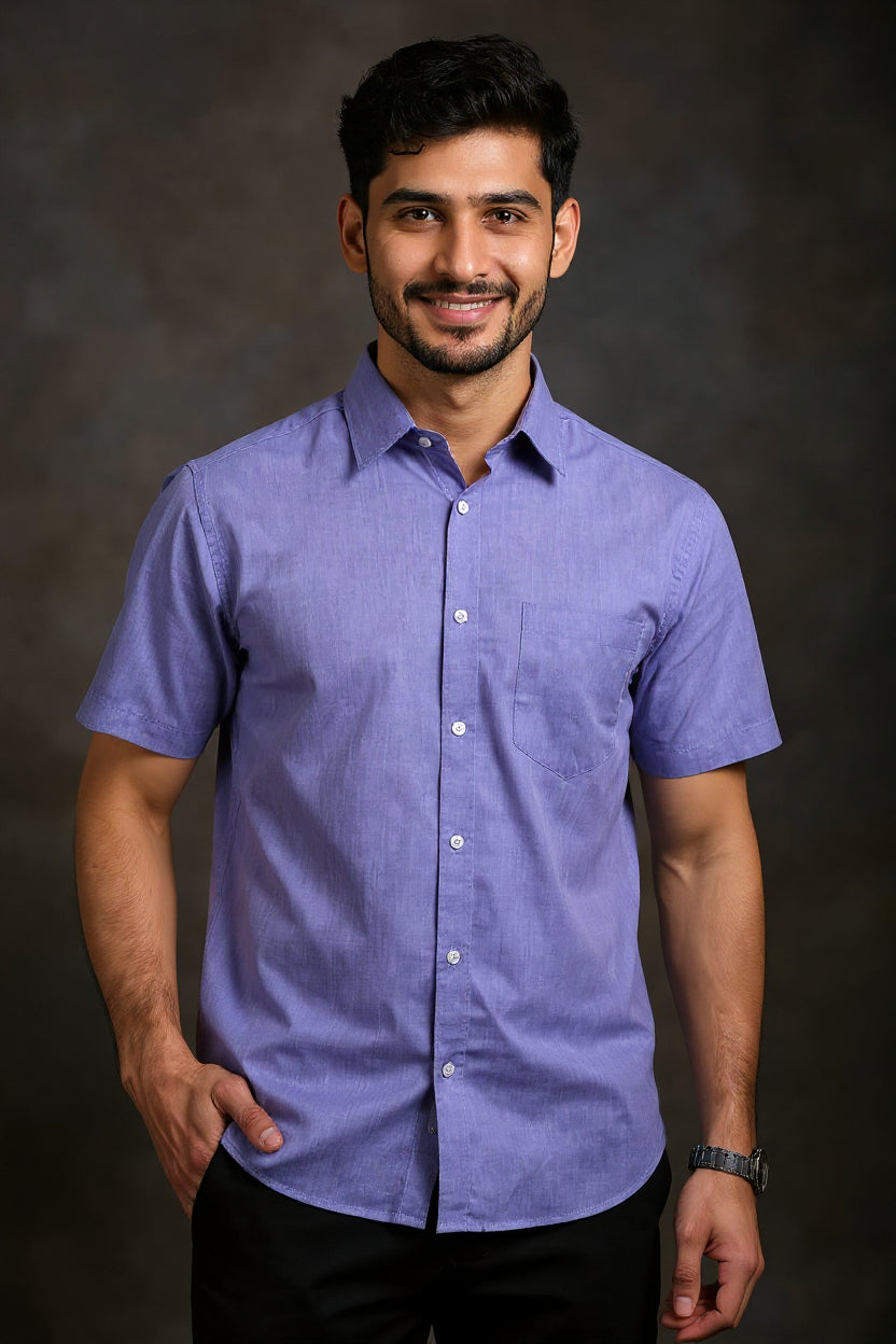 Men's Solid Slim Fit Formal Shirt with Spread Collar and Half Sleeves - Lavender