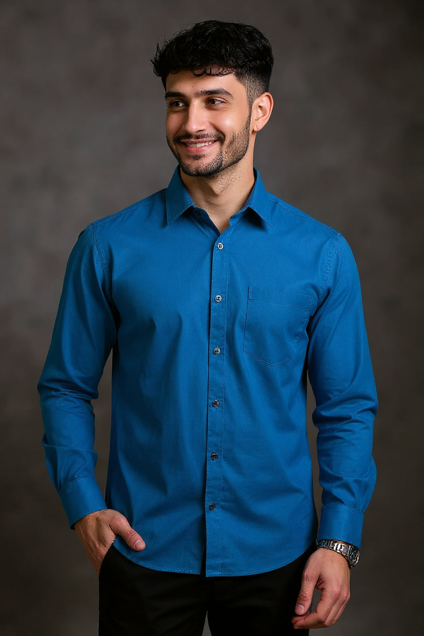 Men's Solid Slim Fit Formal Shirt with Spread Collar and Full Sleeves - Teal