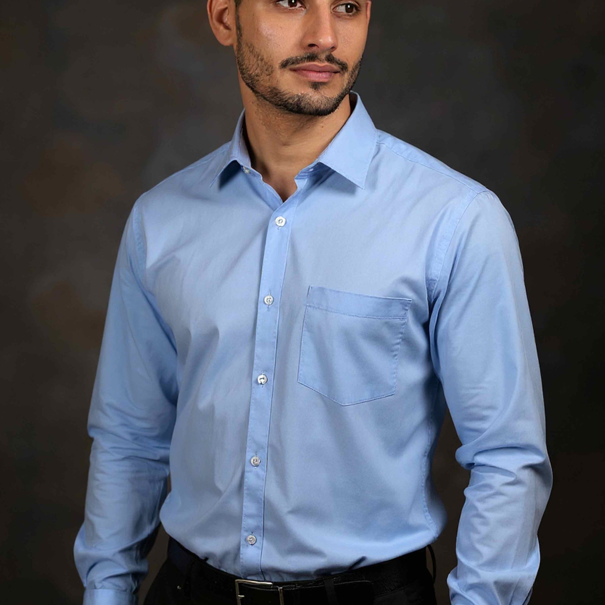 Men's Solid Slim Fit Formal Shirt with Spread Collar and Full Sleeves - Light Blue