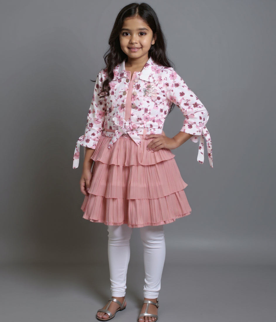 Girls' Floral Print Collared Top with Tiered Skirt & Leggings Set  - Peach