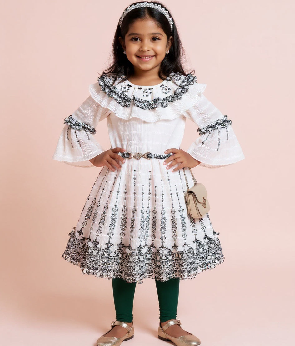 Girls' Tiered Ruffle Western Wear Dress with Embroidered Yoke & Bell Sleeves - Cream