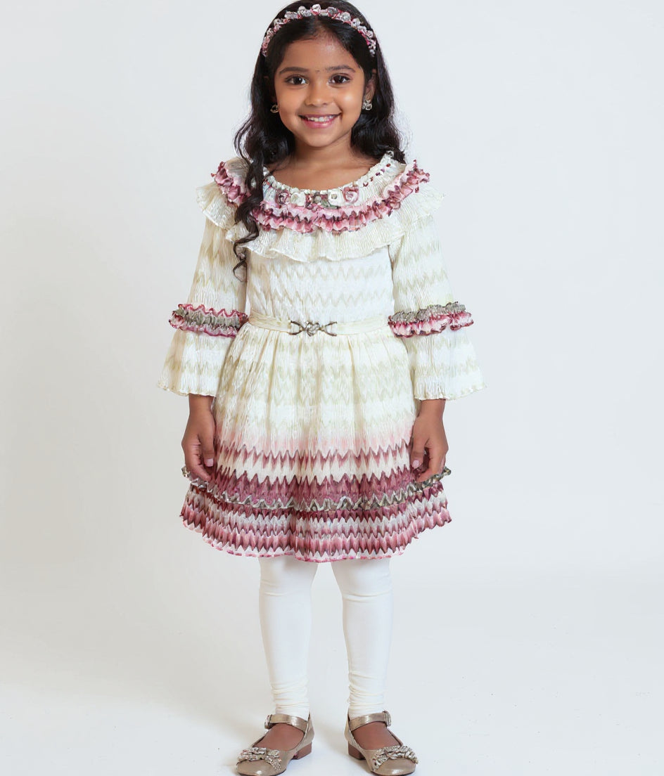 Girls' Tiered Ruffle Western Wear Dress with Embroidered Yoke & Bell Sleeves - Cream