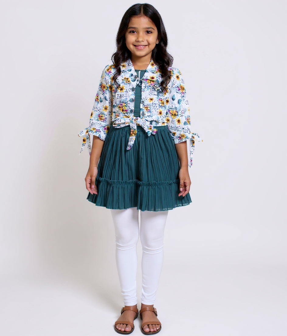 Girls' Floral Print Collared Top with Tiered Skirt & Leggings Set  - Teal