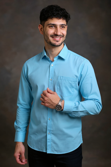 Men's Solid Slim Fit Formal Shirt with Spread Collar and Full Sleeves - Sky Blue