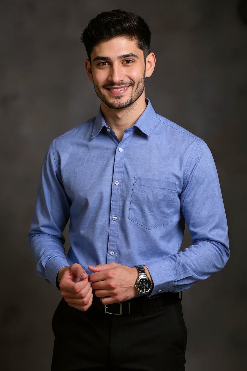 Men's Solid Slim Fit Formal Shirt with Spread Collar and Full Sleeves - Steel Blue
