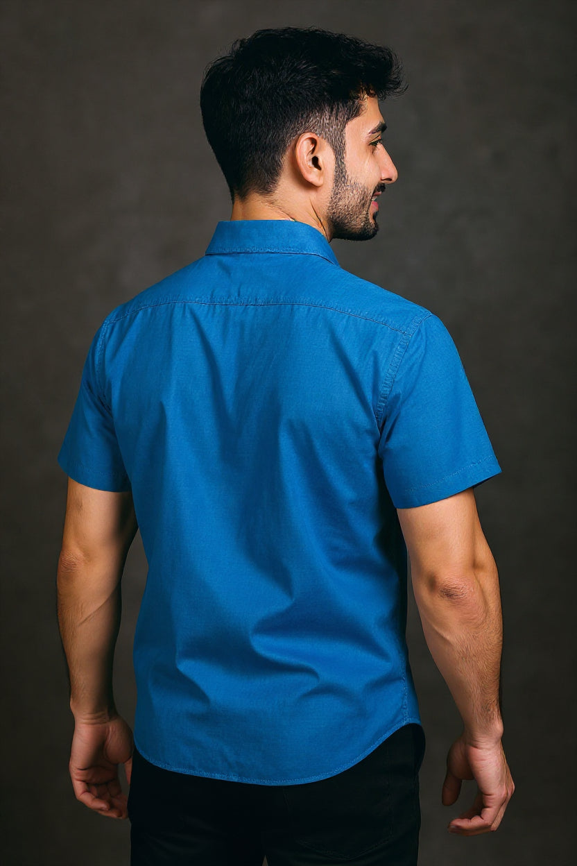 Men's Solid Slim Fit Formal Shirt with Spread Collar and Half Sleeves - Teal