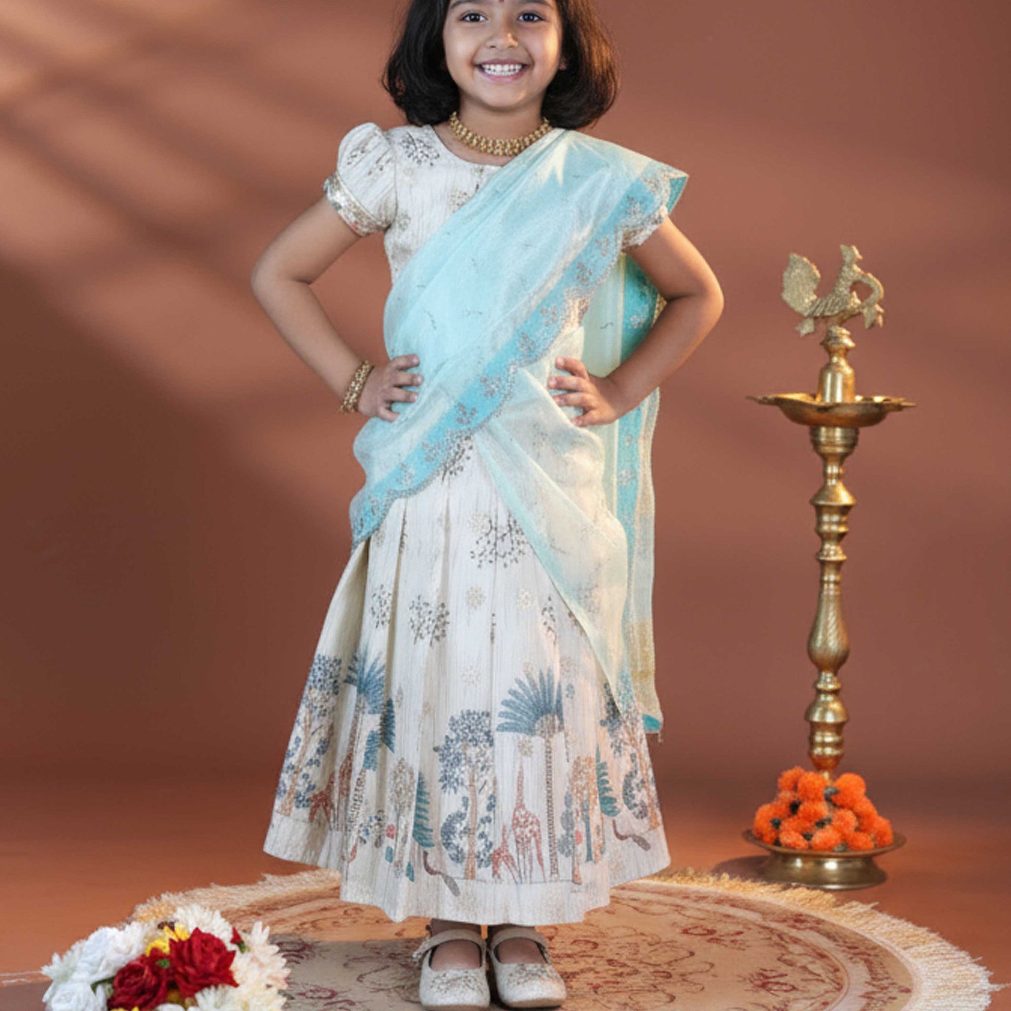 Traditional Dhavani Set for Girls with Embellished Blouse and Printed Skirt - Cream