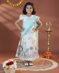Traditional Dhavani Set for Girls with Embellished Blouse and Printed Skirt - Cream