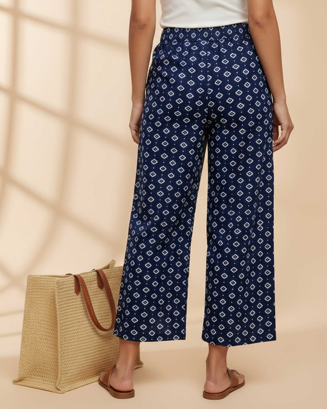 Women's Printed Wide-Leg Palazzo Pant with Elasticated Waistband - Navy Blue-Main