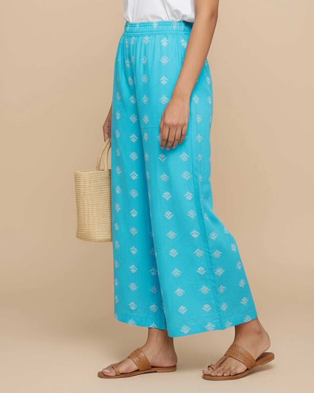 Women's Printed Wide-Leg Palazzo Pant with Elasticated Waistband - Blue