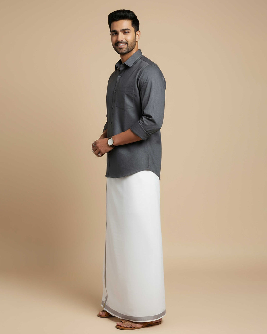 Elegant Men's Ethnic Full Sleeve Shirt & Dhoti Set with Traditional Border - Grey
