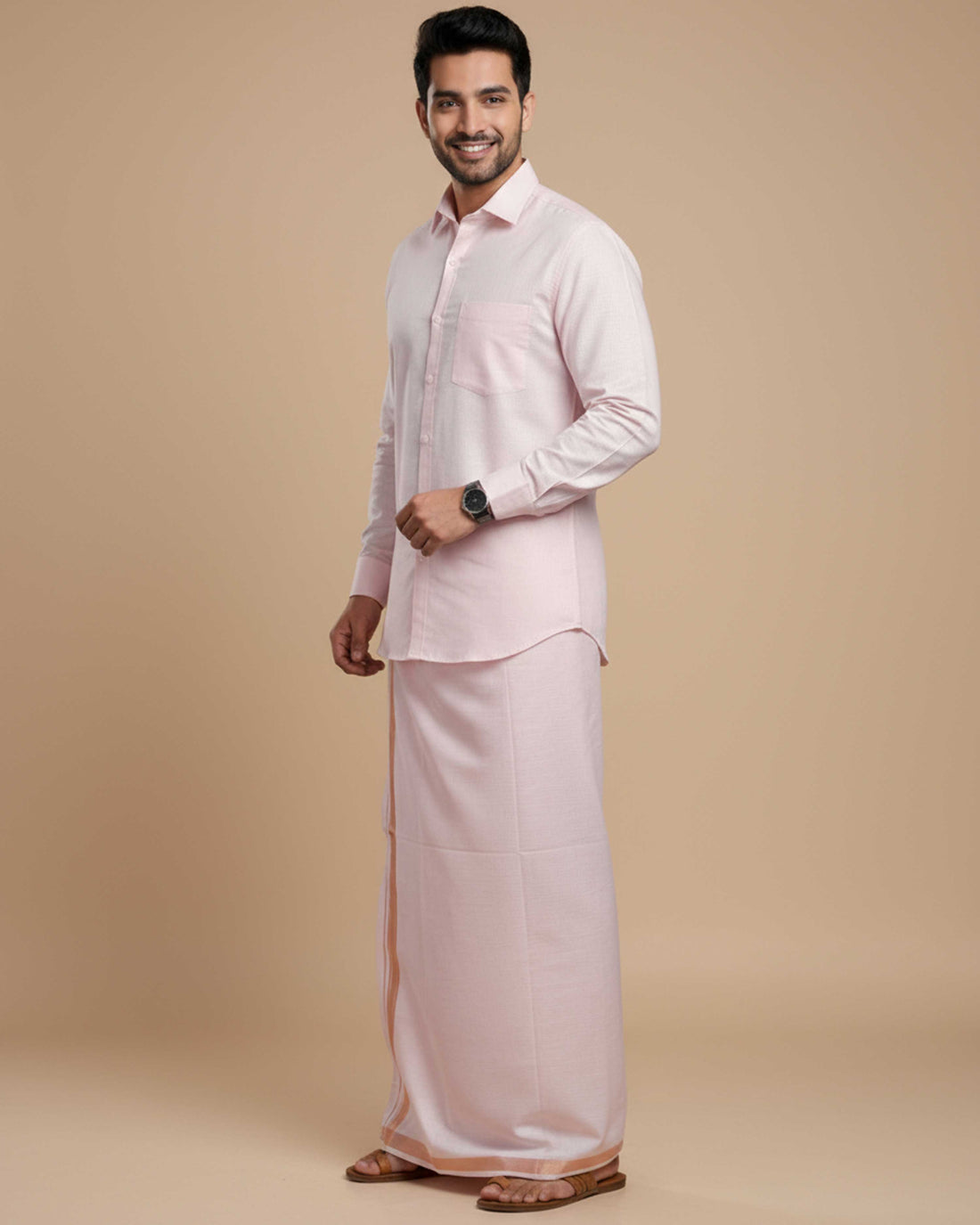 Elegant Men's Ethnic Full Sleeve Shirt & Dhoti Set with Traditional Border - Copper