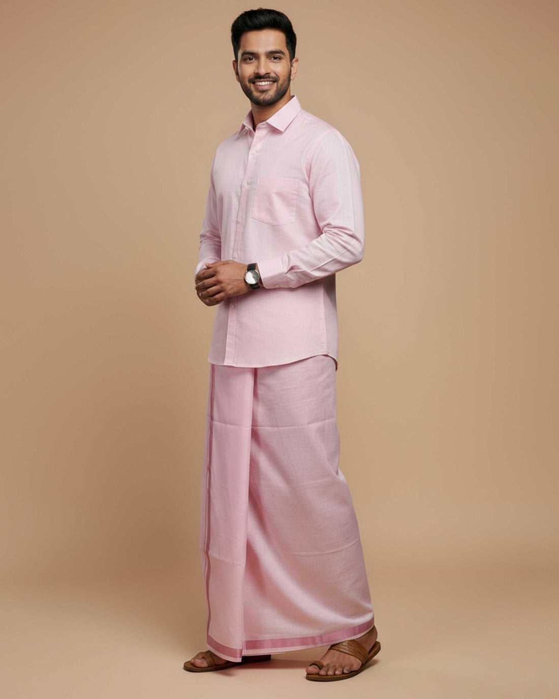 Shirt & Dhoti Set with Traditional Border - Rose Pink