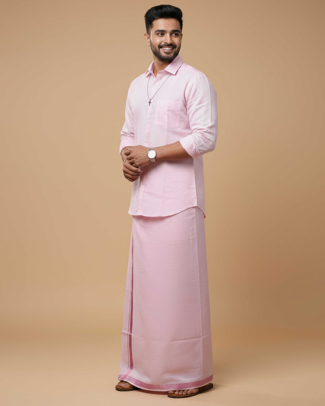 Ethnic Full Sleeve Shirt & Dhoti Set with Traditional Border - Rose Pink