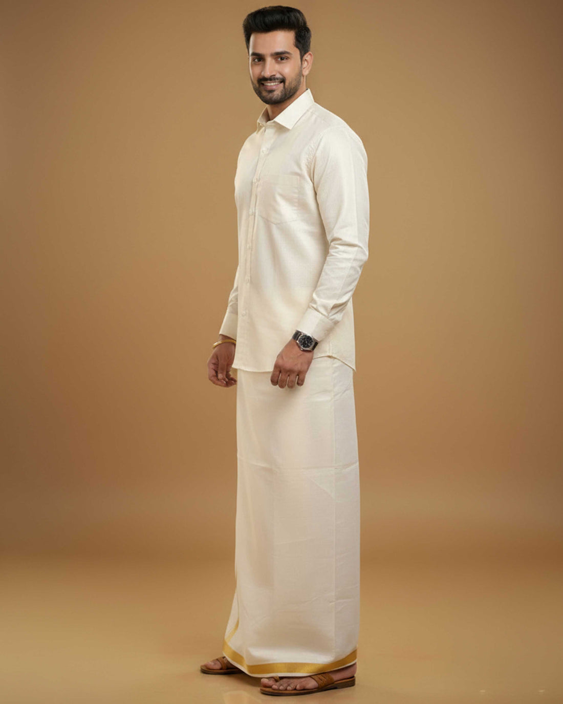Shirt & Dhoti Set with Traditional Border - Cream