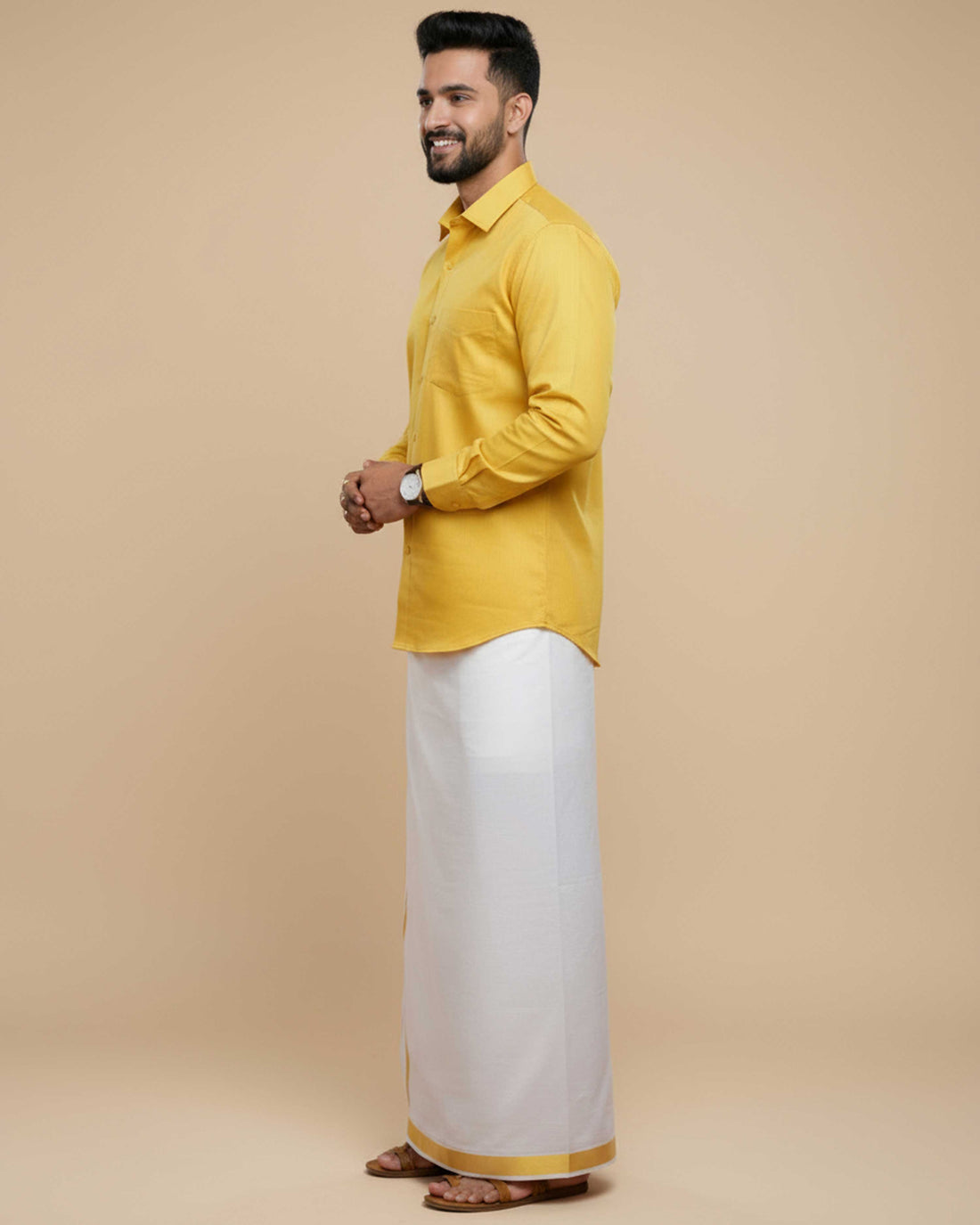Shirt & Dhoti Set with Traditional Border - Yellow