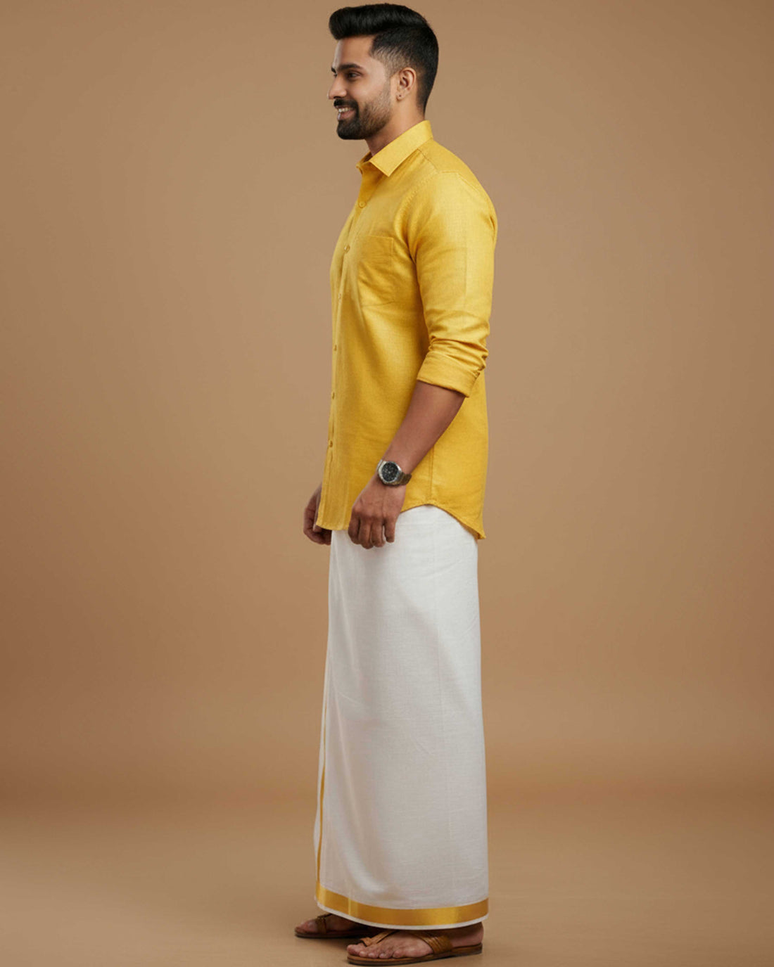  Full Sleeve Shirt & Dhoti Set with Traditional Border - Yellow