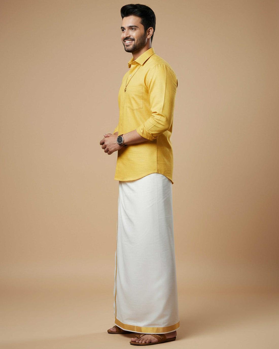  Full Sleeve Shirt & Dhoti Set with Traditional Border - Yellow
