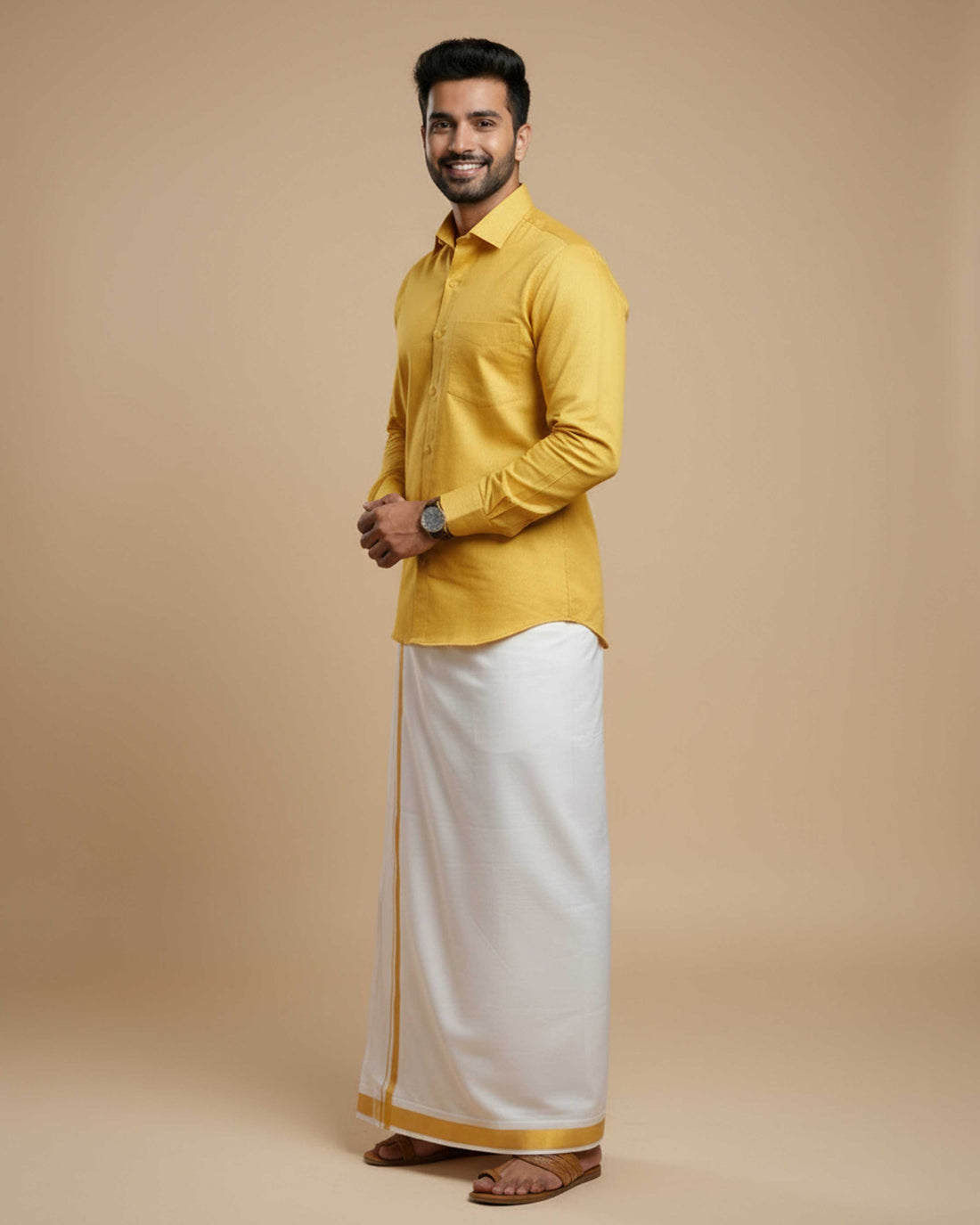  Full Sleeve Shirt & Dhoti Set with Traditional Border - Yellow