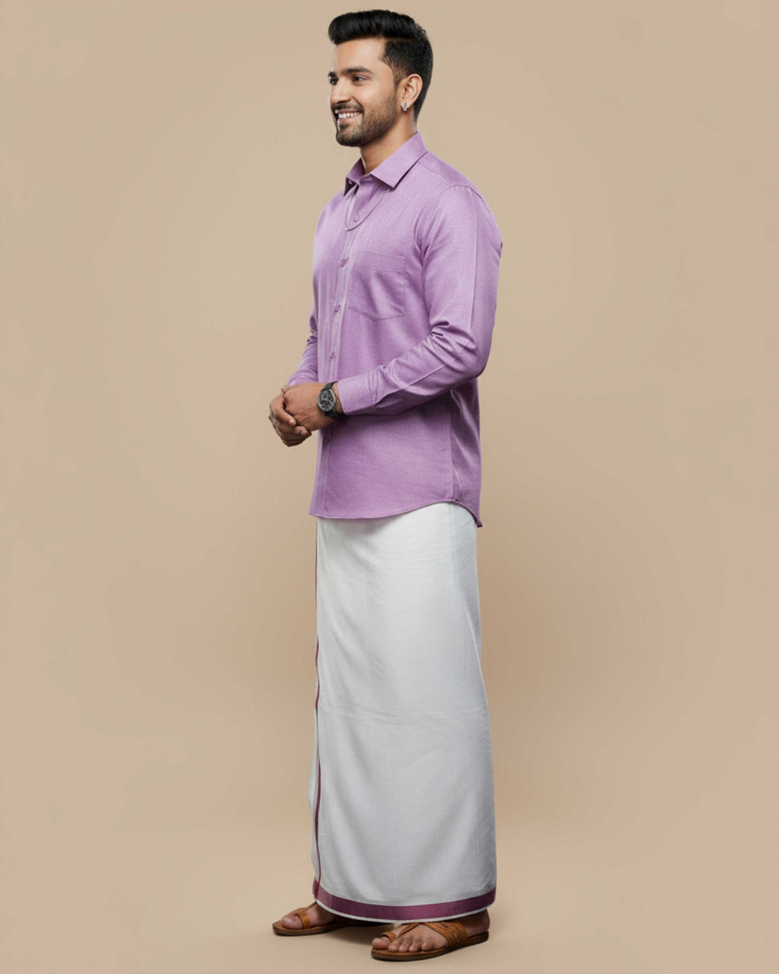 Full Sleeve Shirt & Dhoti Set with Traditional Border - Lavender