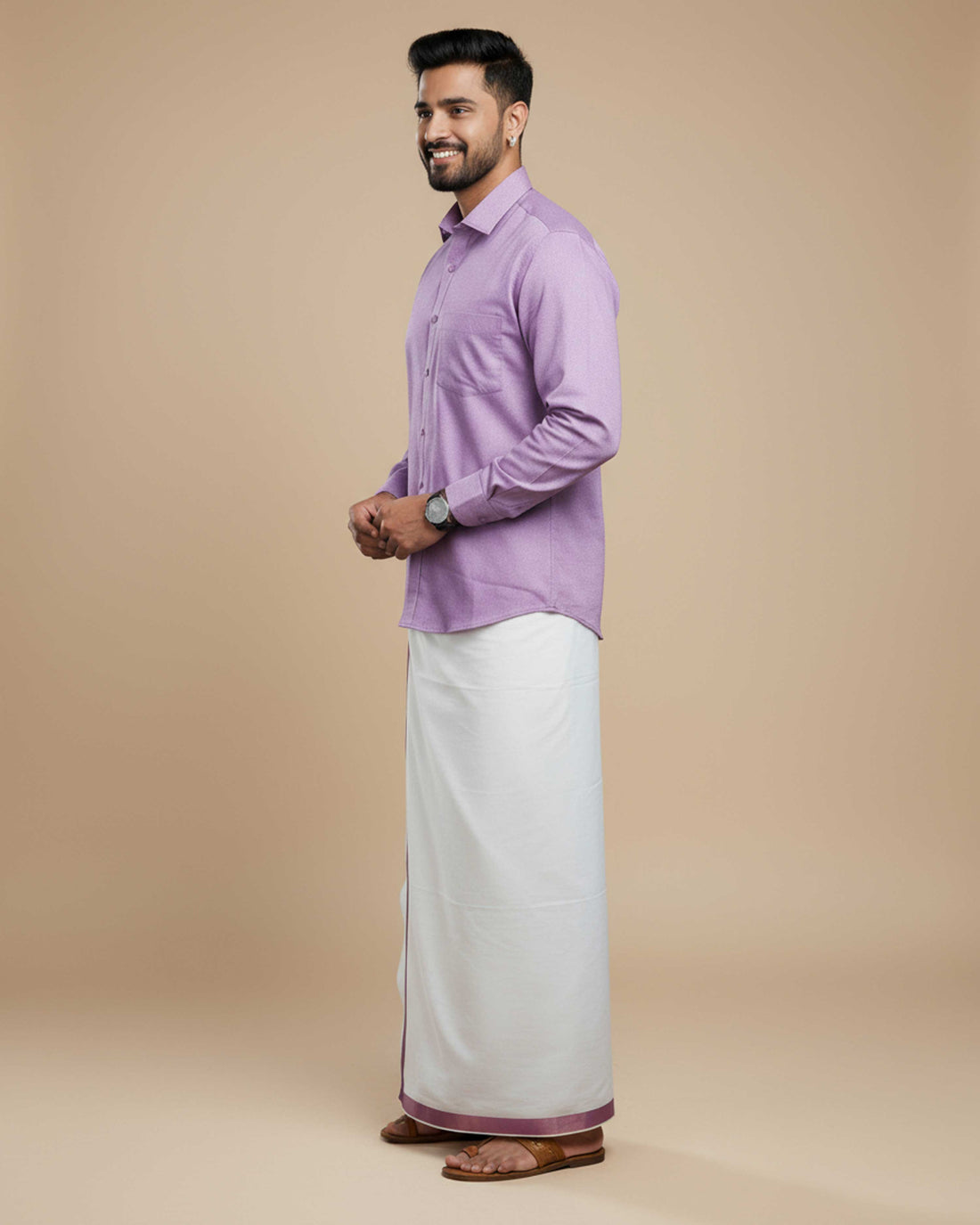 Shirt & Dhoti Set with Traditional Border - Lavender