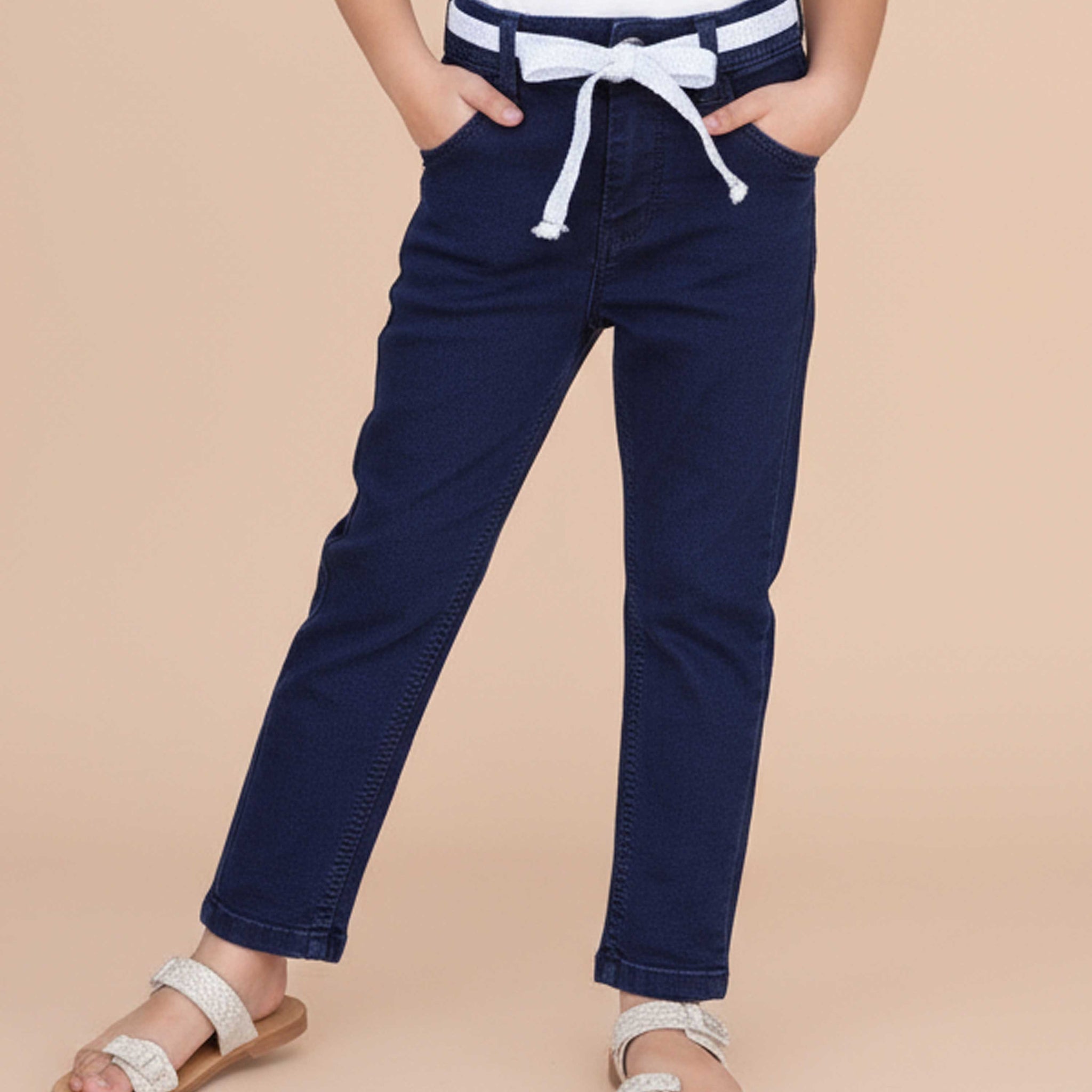 Stylish Girls Denim Jeans with Comfortable Fit and Trendy Belt Design - Dark Blue