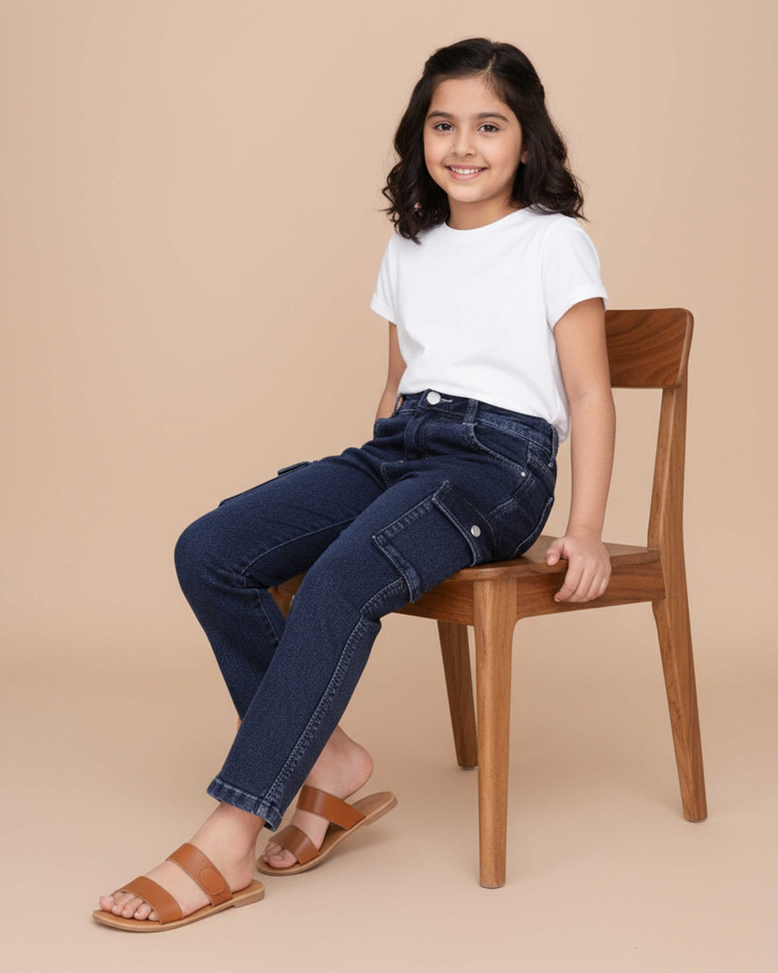 Stylish Girls Cargo Denim Jeans with Side Pockets and Comfortable Relaxed Fit - Blue