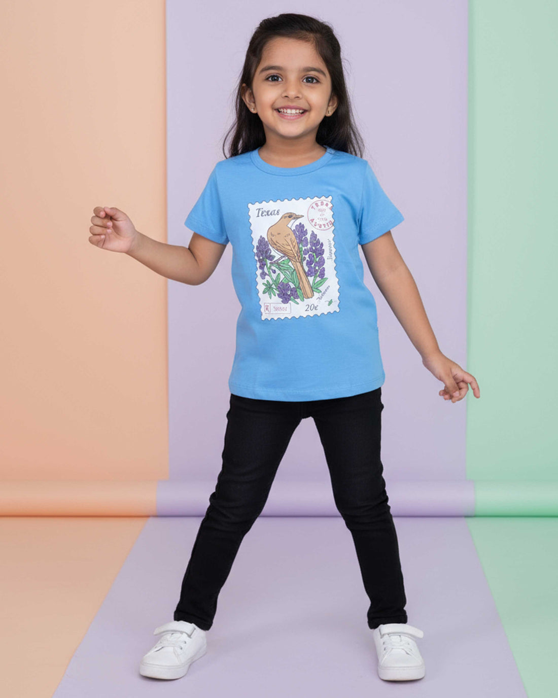 Girls' Graphic Print Crew Neck T-Shirt - Blue