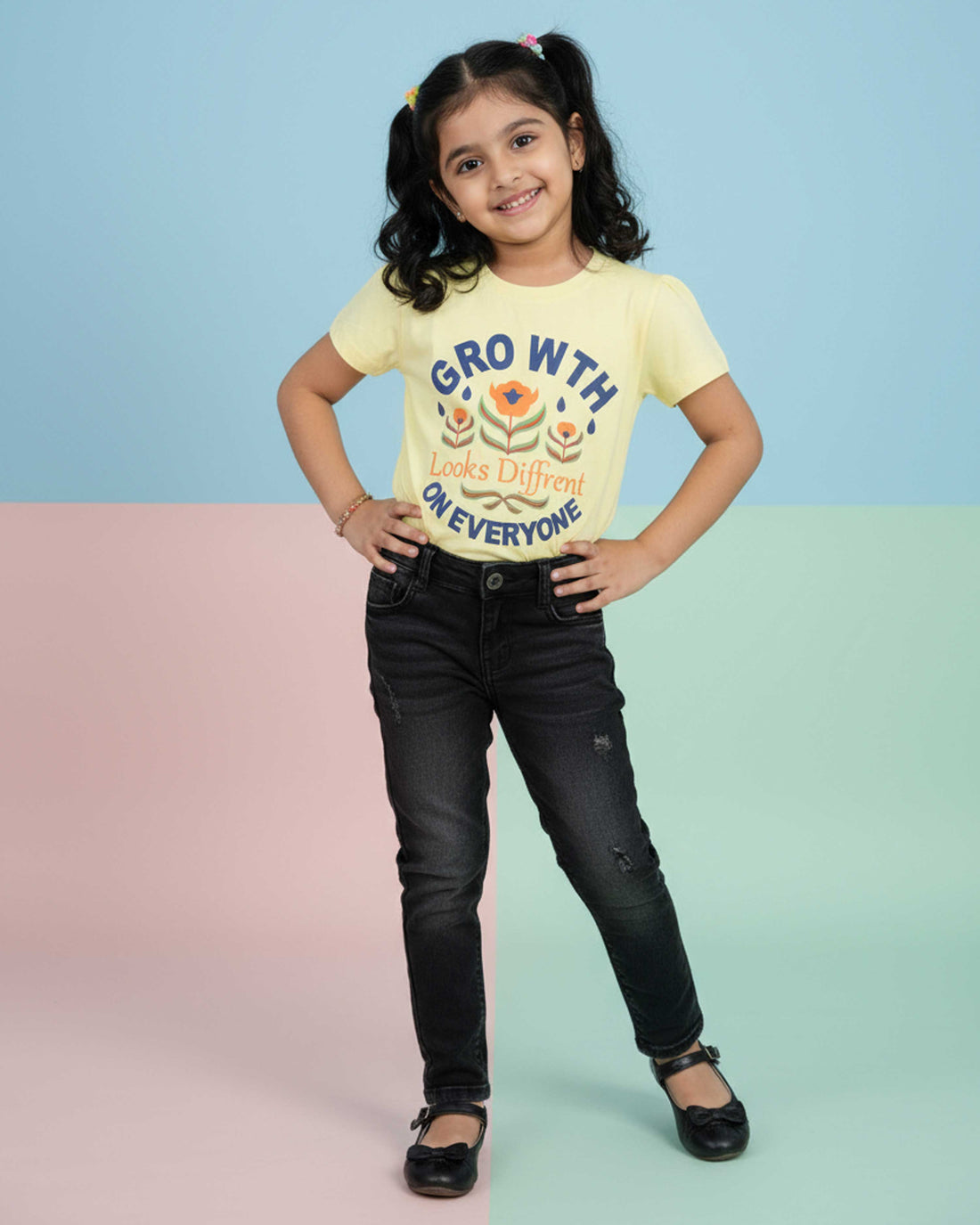 Girls' Graphic Print Crew Neck T-Shirt - Yellow